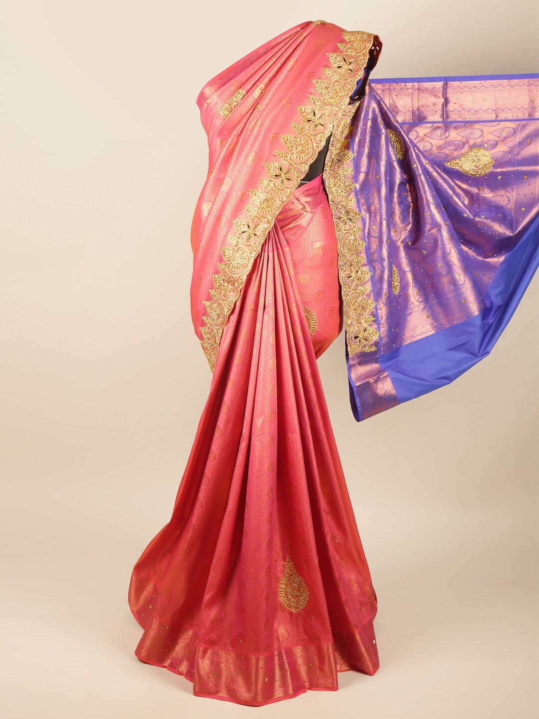 

Pothys Pink & Violet Ethnic Motifs Beads and Stones Pure Silk Saree