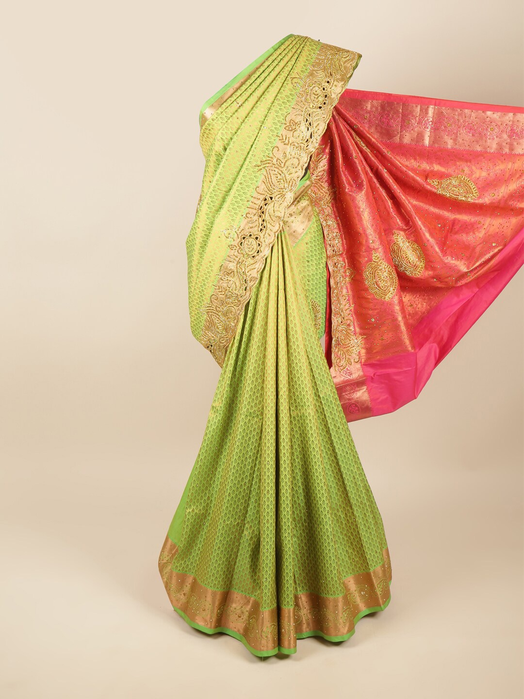 

Pothys Green & Pink Ethnic Motifs Beads and Stones Pure Silk Saree