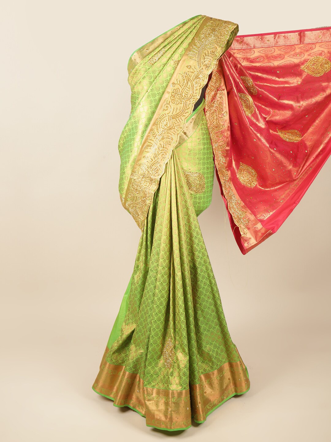 

Pothys Green & Pink Woven Design Beads and Stones Pure Silk Saree