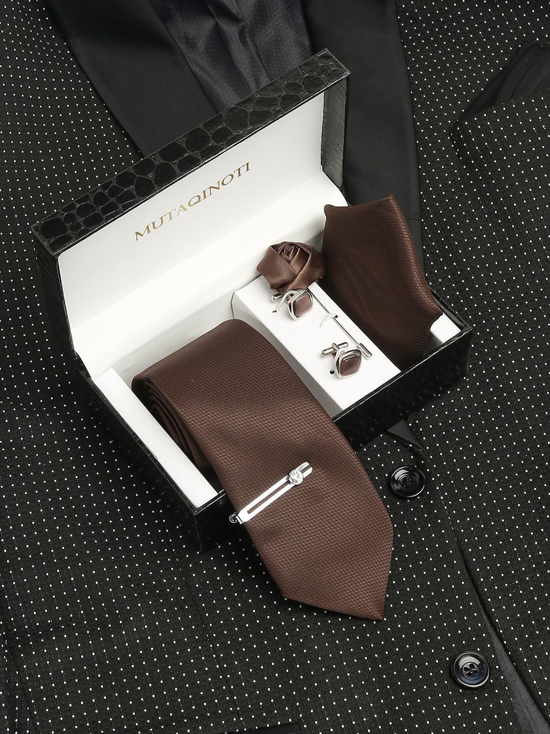 

MUTAQINOTI Men Micro Checks Silk Necktie Accessory Gift Set, Brown