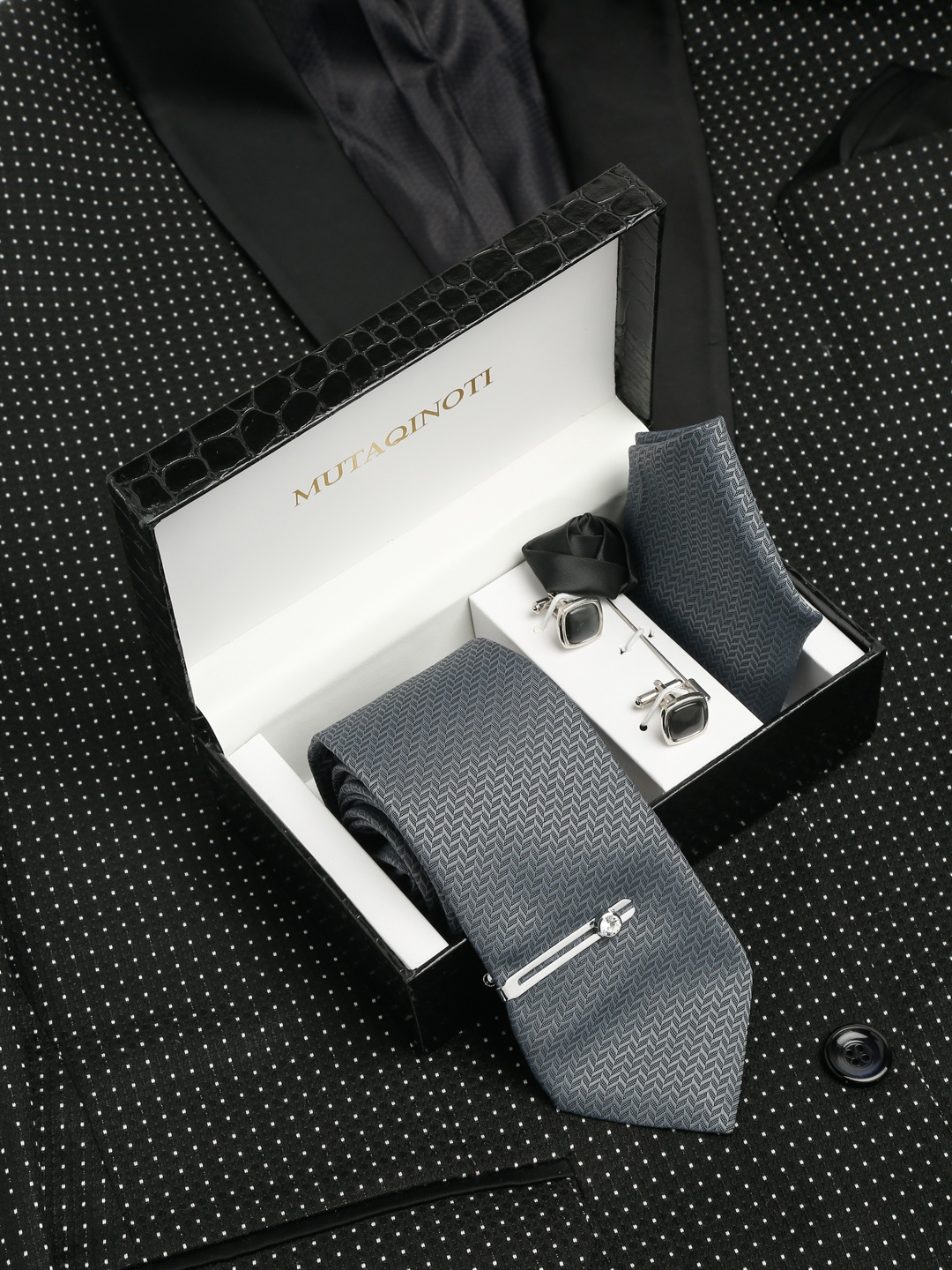 

MUTAQINOTI Men Self Design Silk Formal Suit Accessory Gift Set, Grey