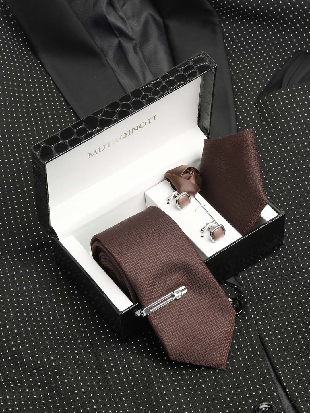 

MUTAQINOTI Men Italian Silk Blend Necktie Accessory Gift Set, Brown