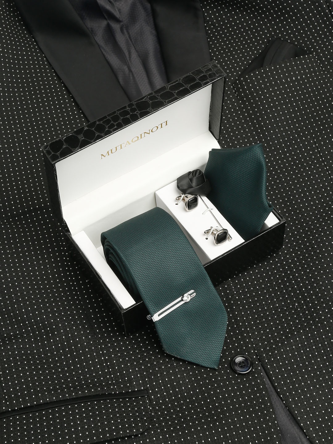 

MUTAQINOTI Men Checked Silk Blend Necktie Accessory Gift Set, Green