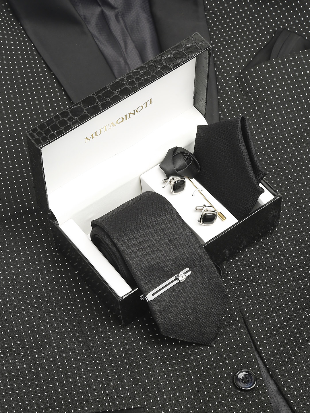 

MUTAQINOTI Men Checked Silk Necktie Accessory Gift Set, Black