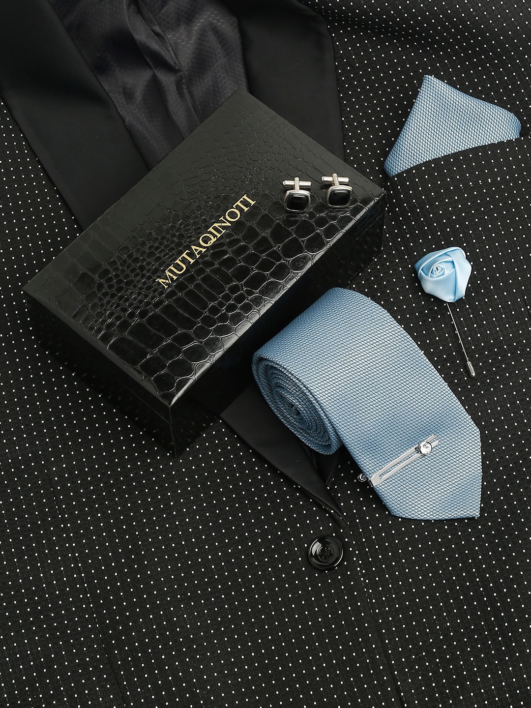 

MUTAQINOTI Men Silk Necktie Accessory Gift Set, Blue