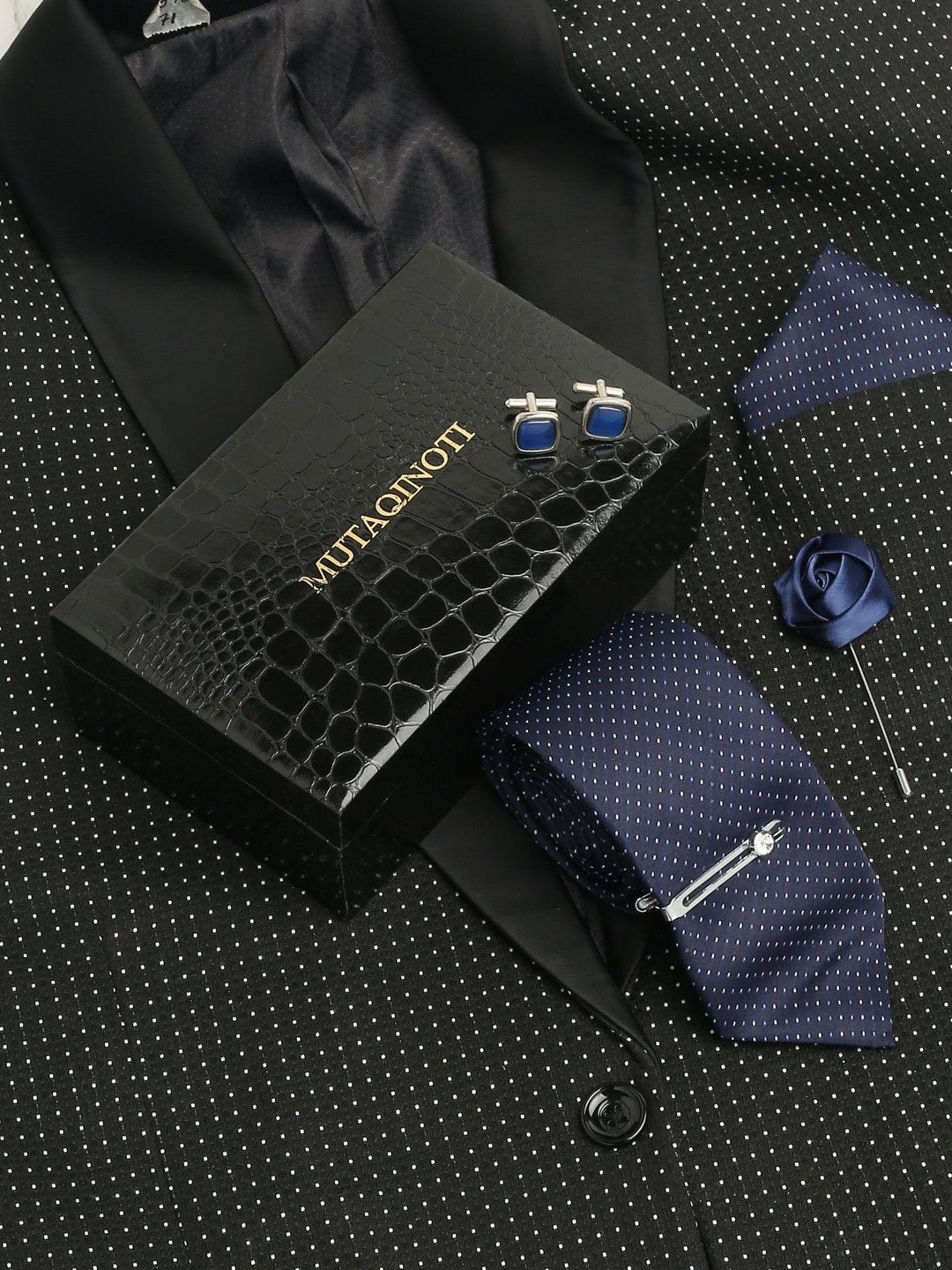 

MUTAQINOTI Men Checkered Blue Silk Necktie Accessory Gift Set, Navy blue