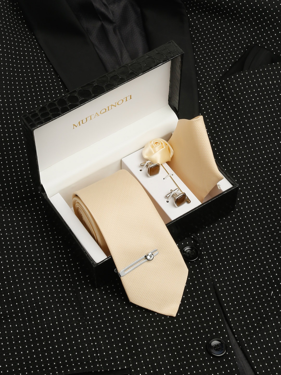 

MUTAQINOTI Men Cream Silk Necktie Accessory Gift Set