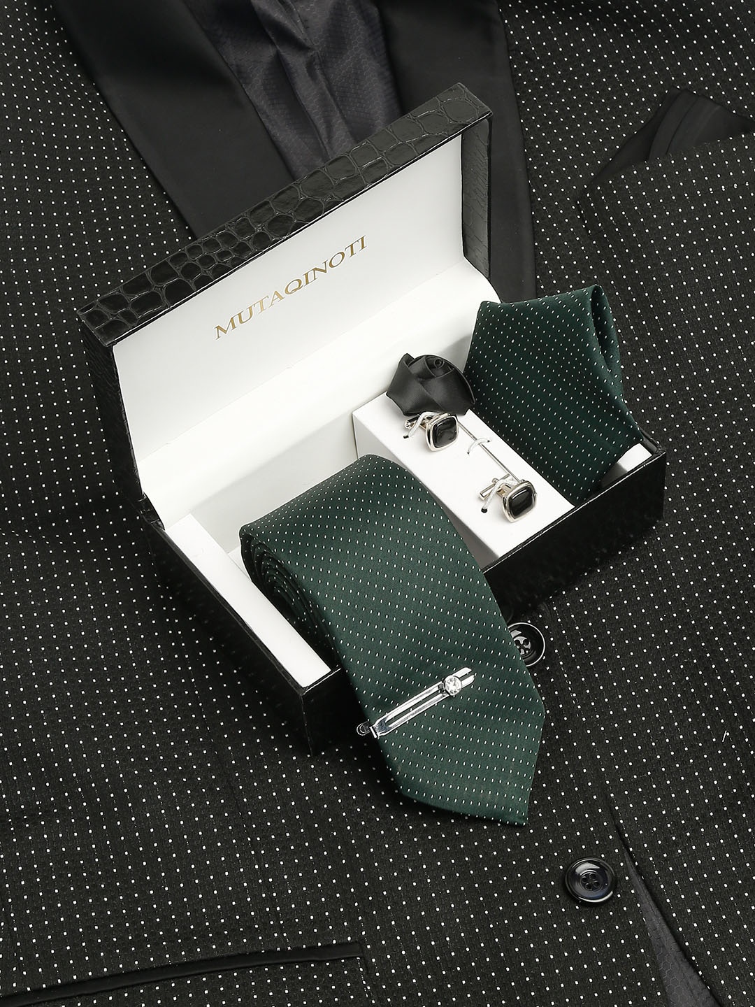 

MUTAQINOTI Men Silk Necktie Accessory Gift Set, Green