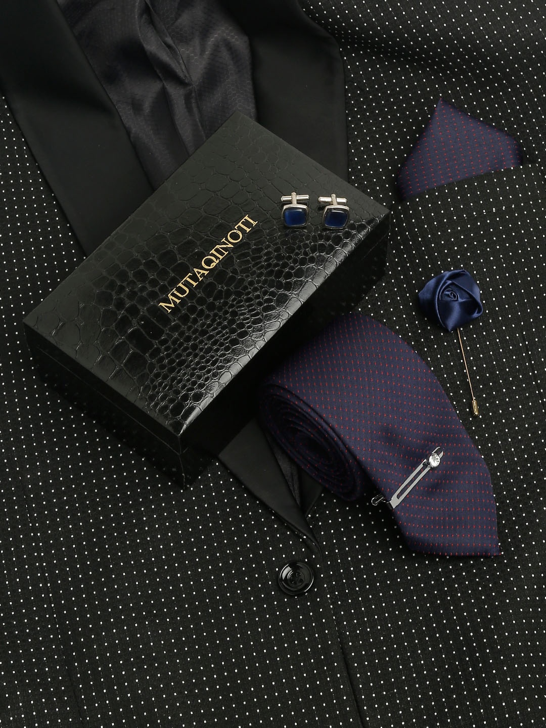 

MUTAQINOTI Men Italian Silk Blend Necktie Accessory Gift Set, Navy blue