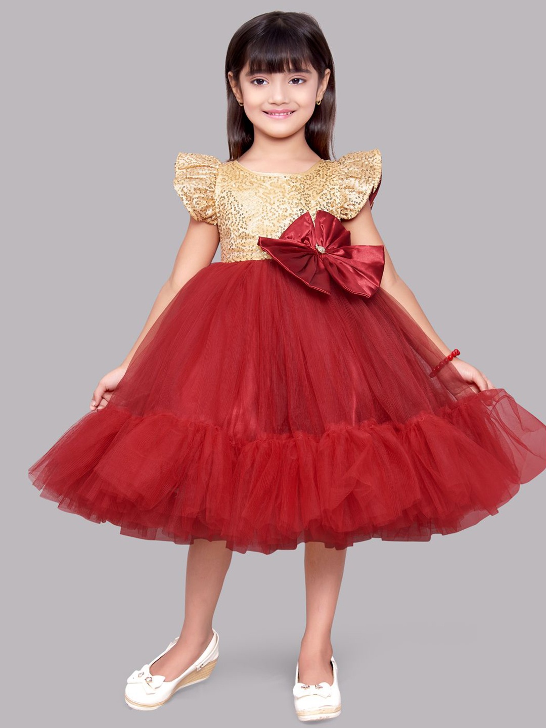 

Pink Chick Girls Red & Gold-Coloured Embellished Net Tulle Fit & Flare Dress