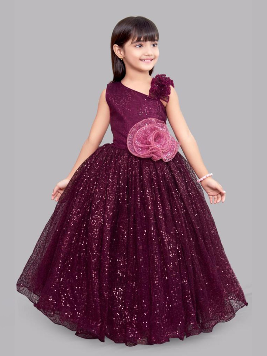 

Pink Chick Burgundy Sequinned Embellished Net Maxi Dress