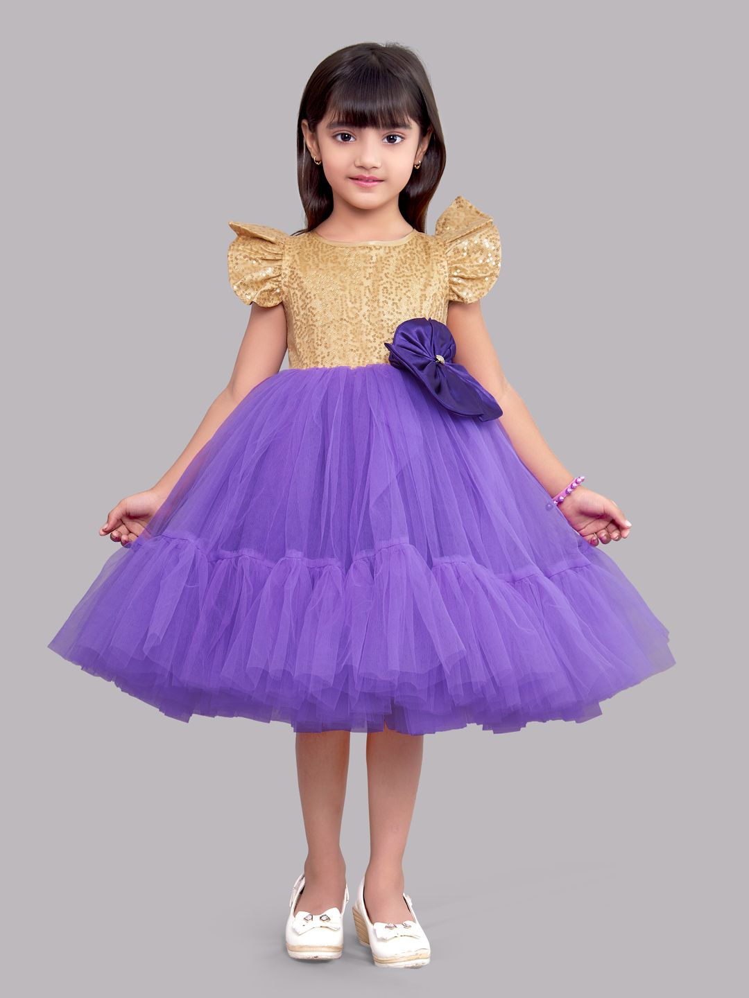 

Pink Chick Purple & Gold-Toned Embellished Net Empire Dress
