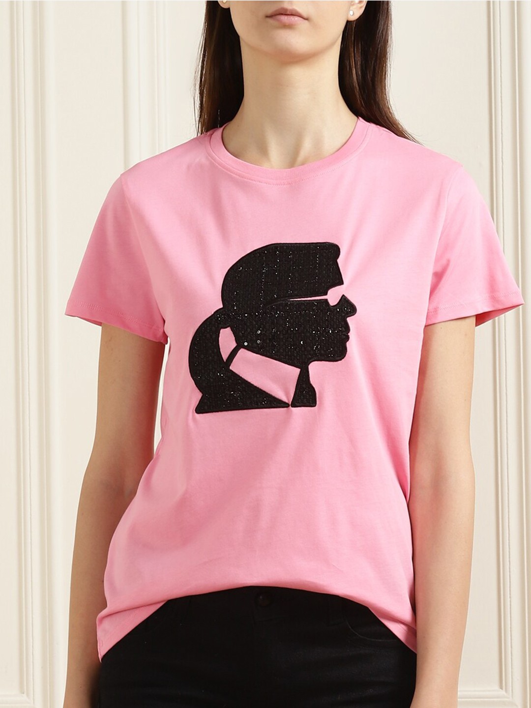 

Karl Lagerfeld Pink & Black Embellished Pure Cotton Knitted Top