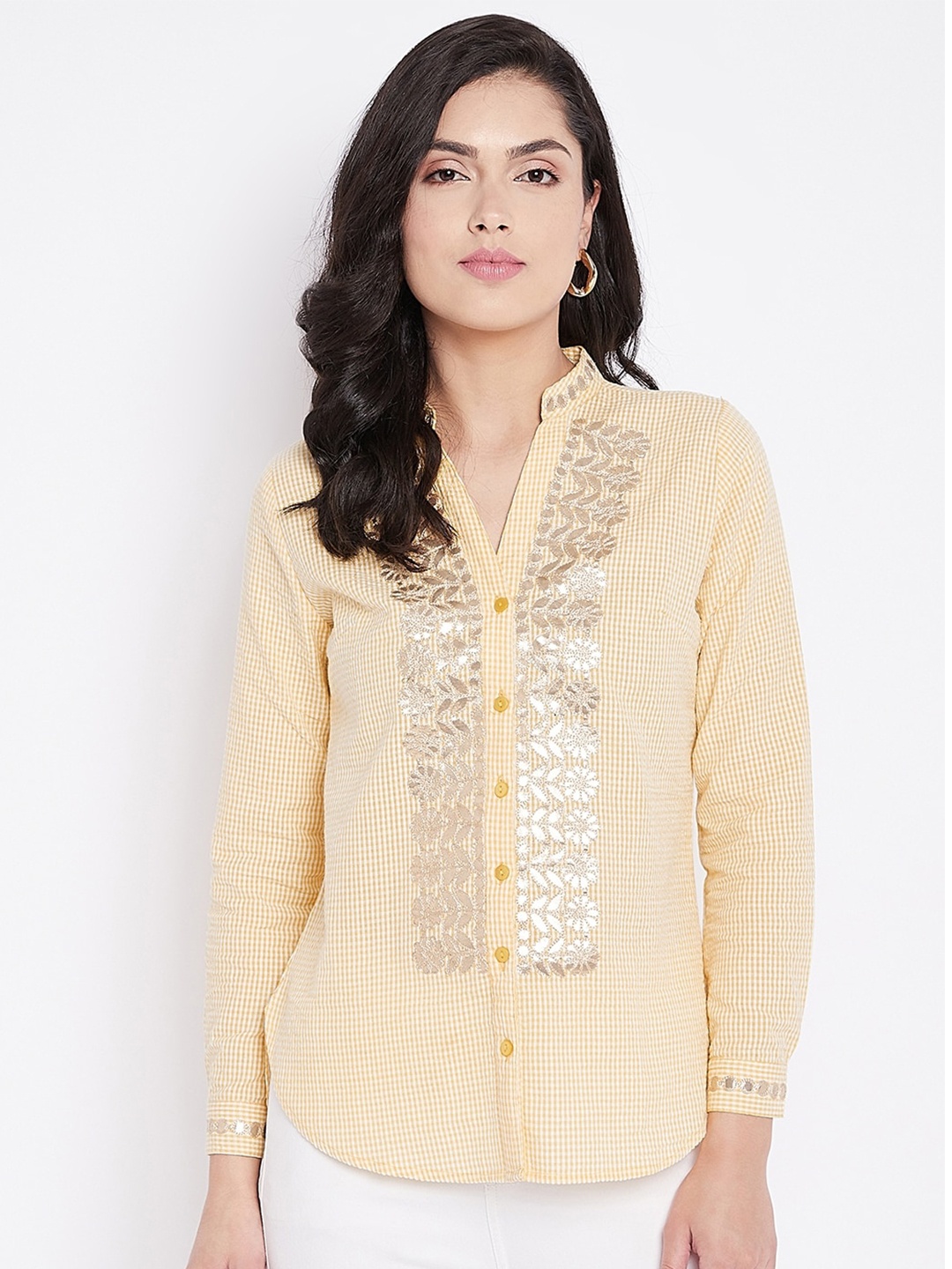 

Ruhaans Women Yellow Classic Embroiedred Checked Casual Shirt