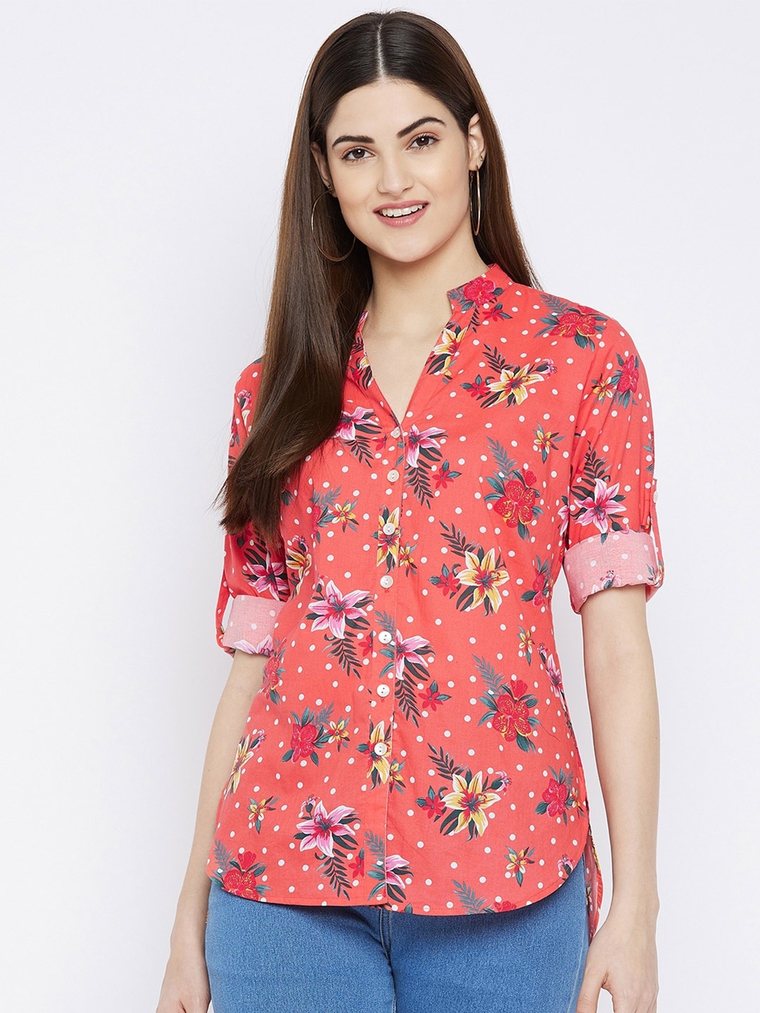 

Ruhaans Women Coral Classic Floral Printed Casual Shirt