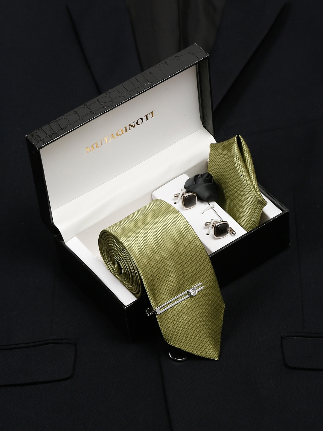 

MUTAQINOTI Men Silk Necktie Accessory Gift Set, Green