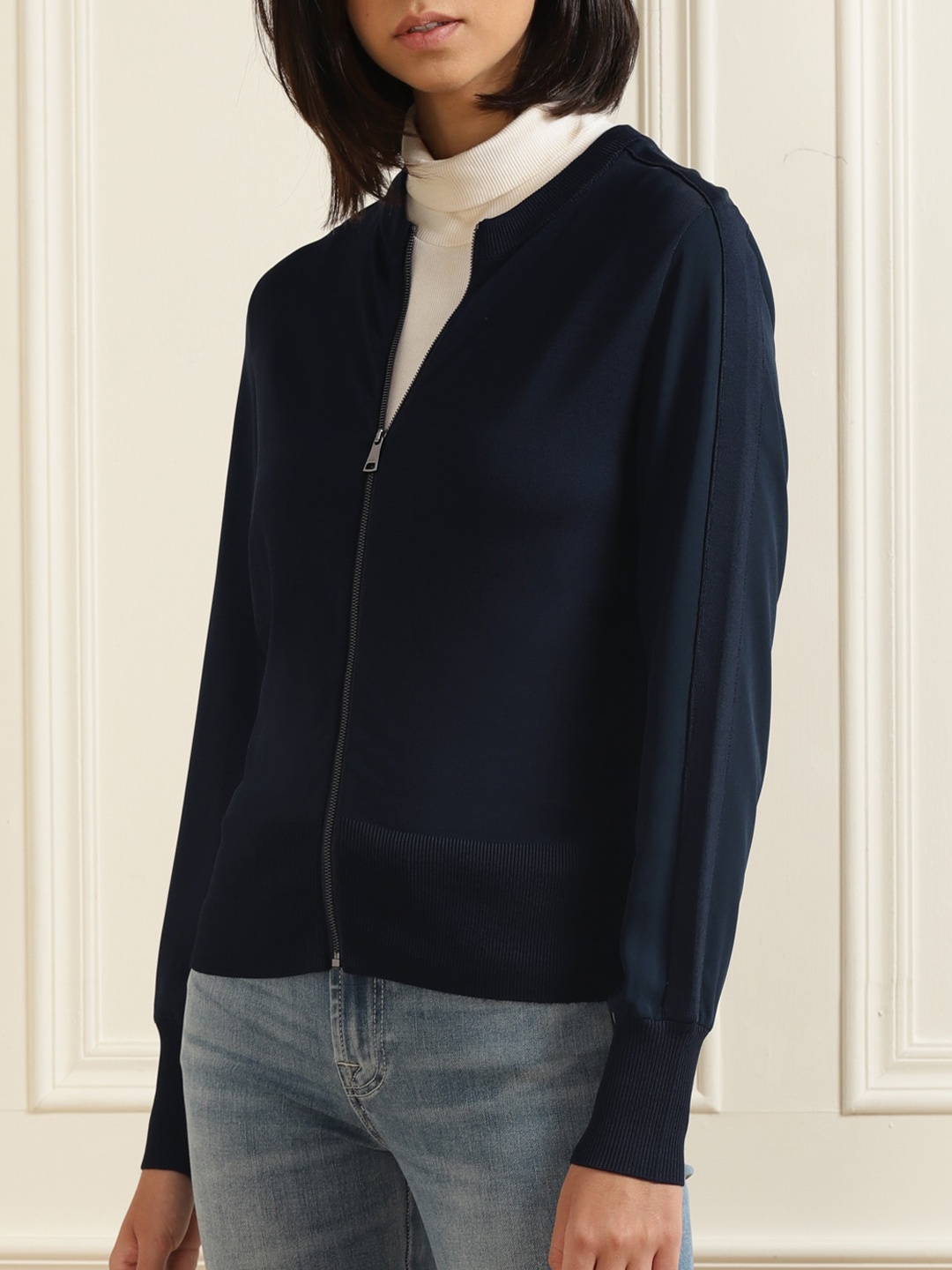 

Ted Baker Women Navy Blue & White Printed Cardigan with Zip Detail