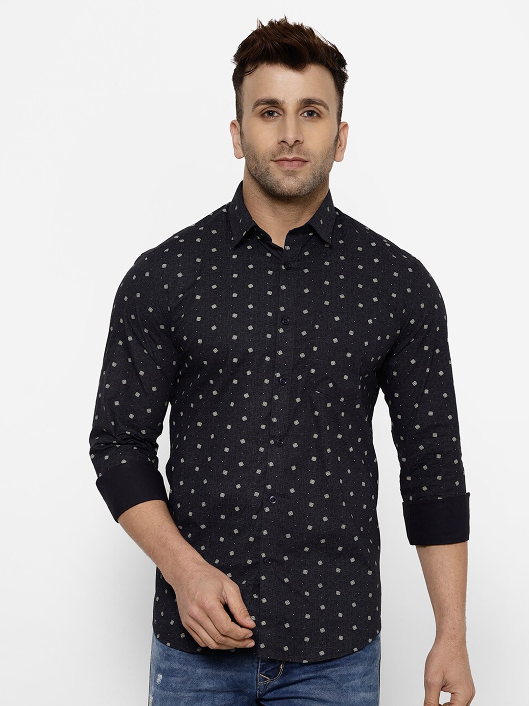 

cape canary Men Navy Blue Smart Printed Casual Shirt