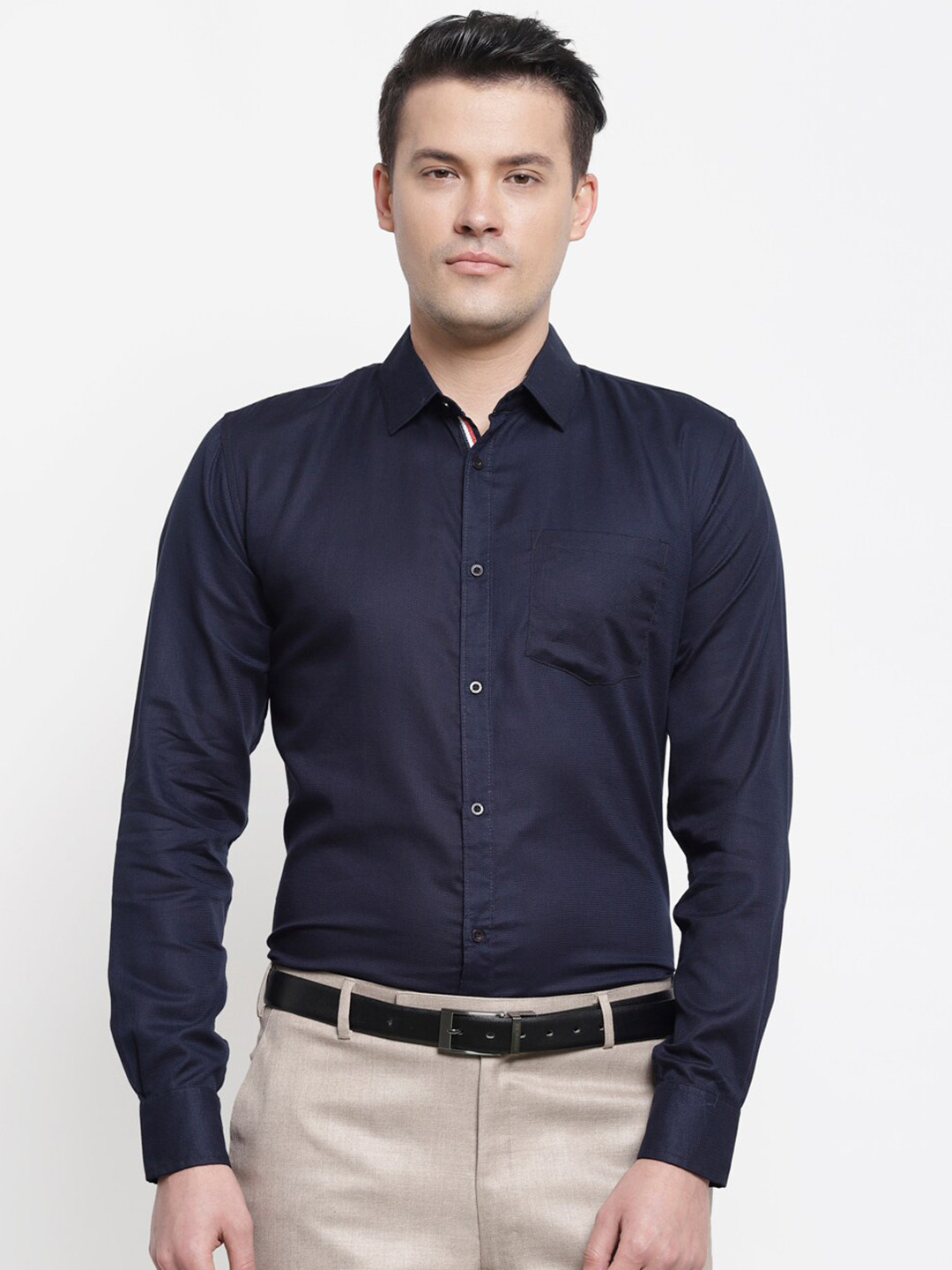 

cape canary Men Navy Blue Solid Smart Regular Fit Cotton Casual Shirt