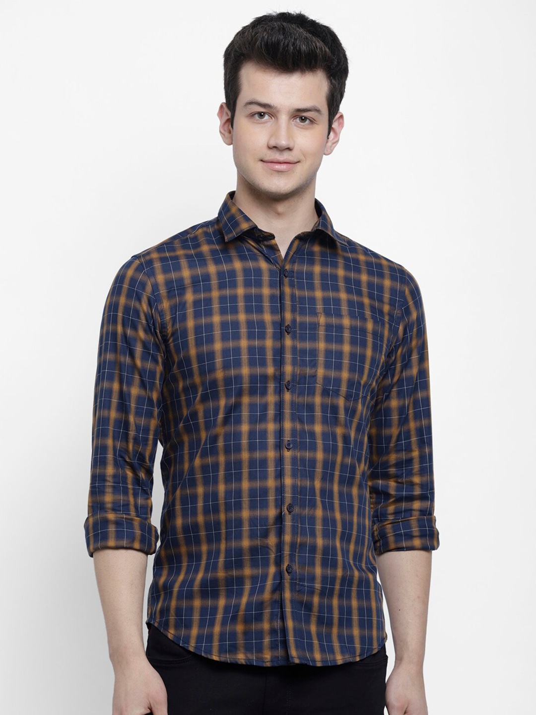 

cape canary Men Navy Blue & Yellow Smart Tartan Checked Casual Shirt