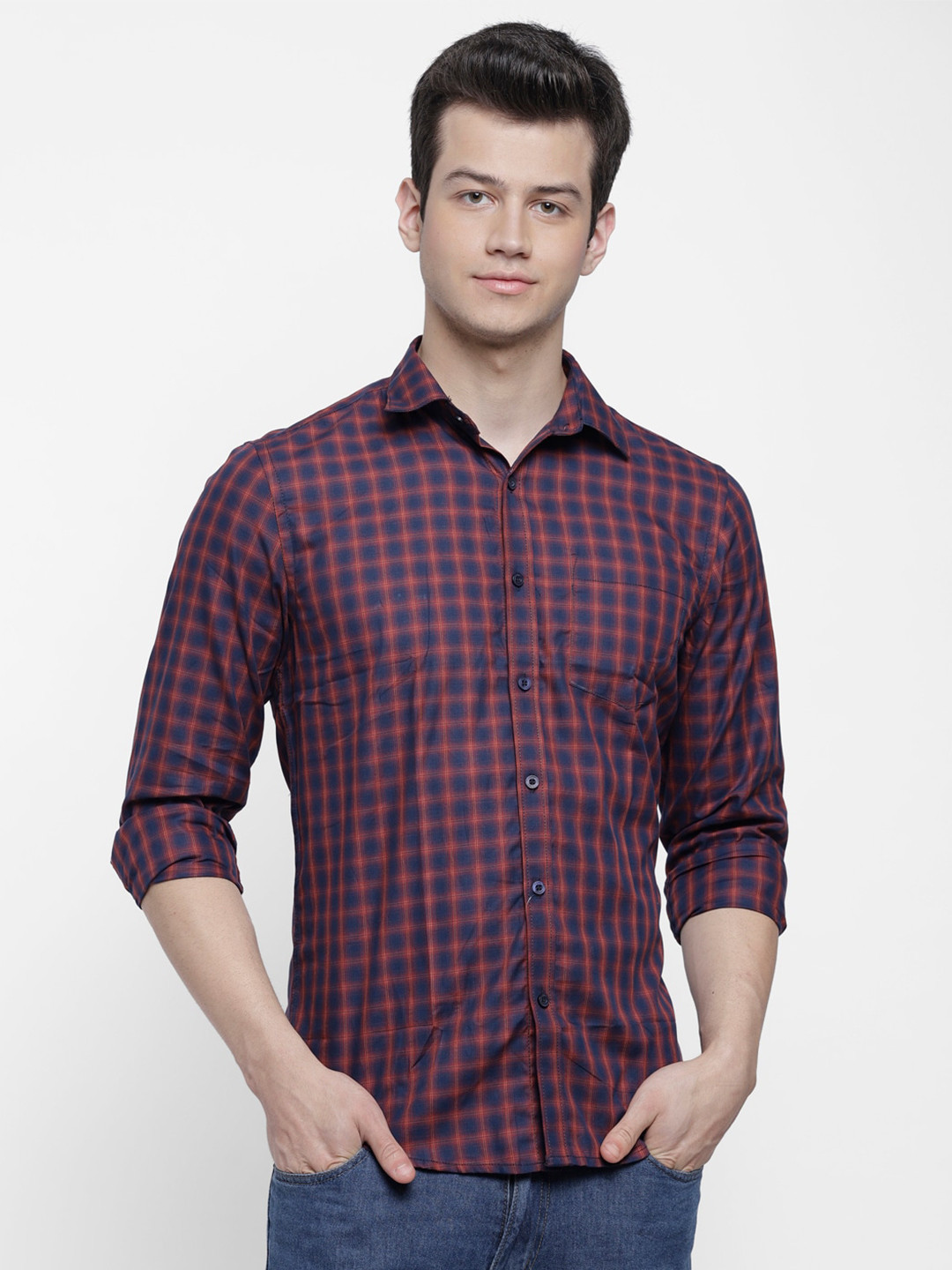 

cape canary Men Red Smart Regular Fit Checked Cotton Casual Shirt
