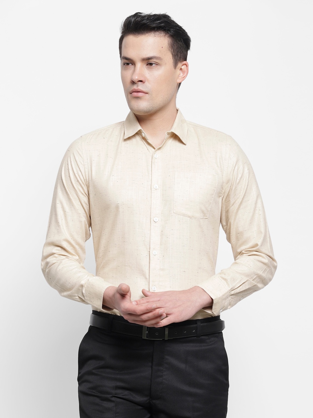 

cape canary Men Beige Cotton Smart Formal Shirt