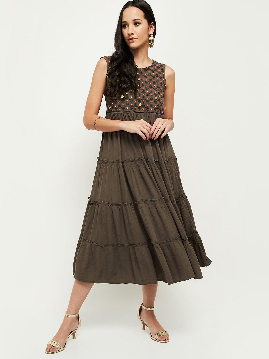 

max Brown Ethnic Motifs Embroidered Mirror Work Midi Fit & Flared Dress