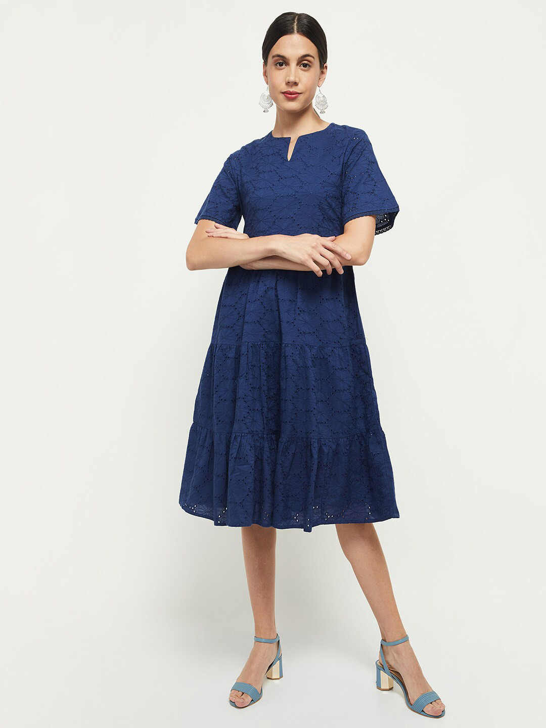 

max Women Blue Cotton Floral Fit and Flare Dress
