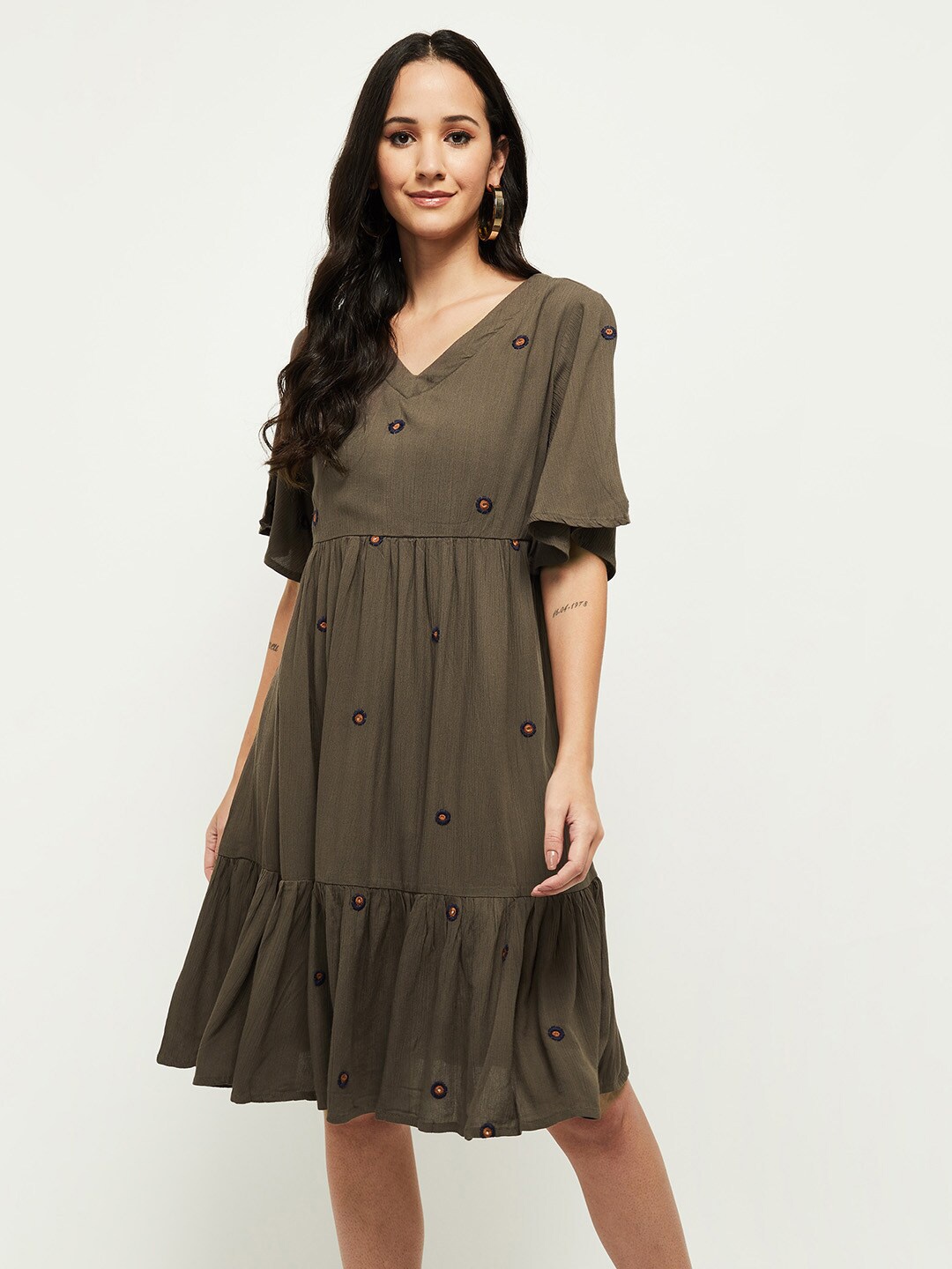 

max Taupe Floral Embroidered A-Line Dress