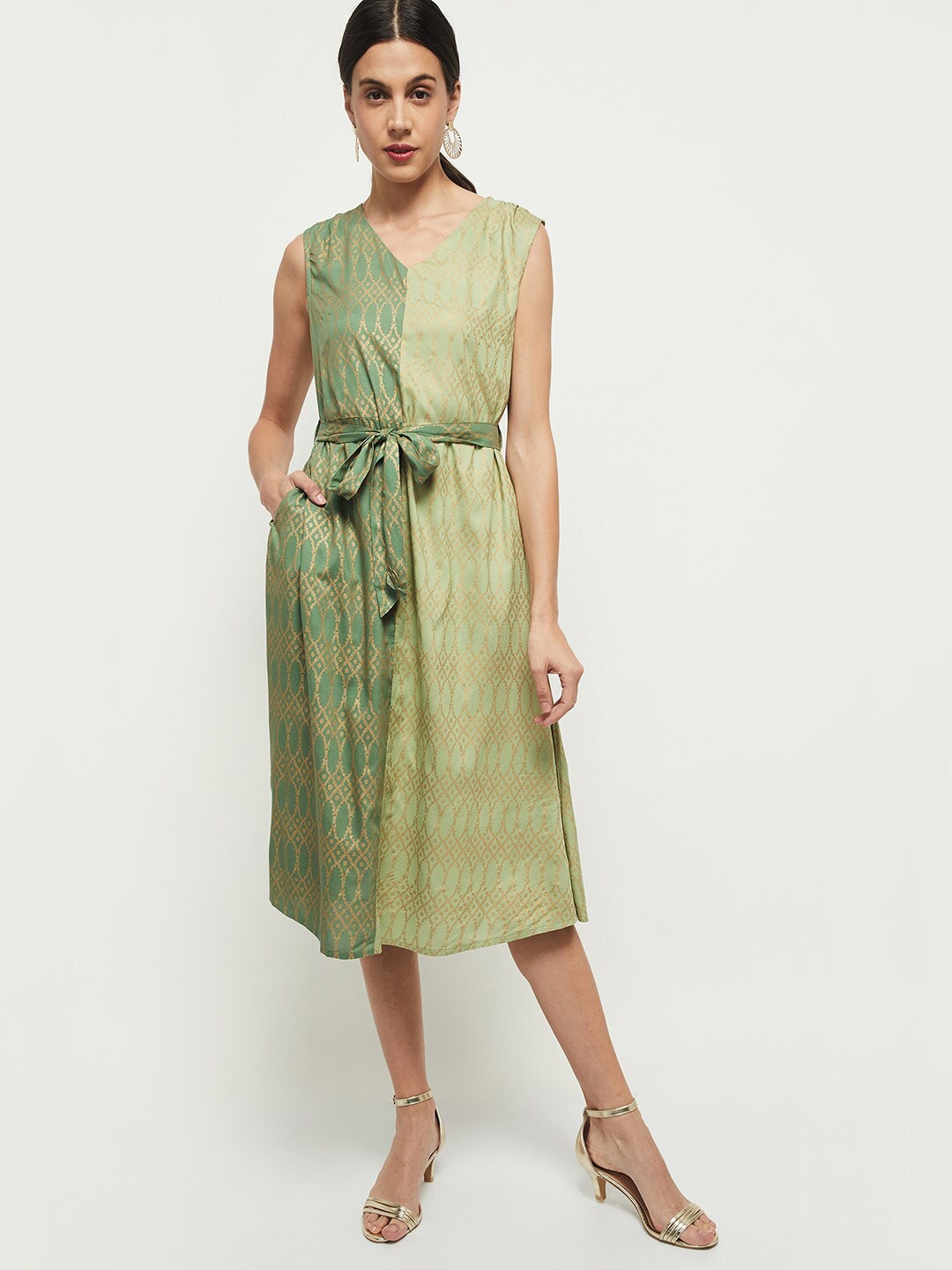 

max Green Ethnic Motifs A-Line Midi Dress