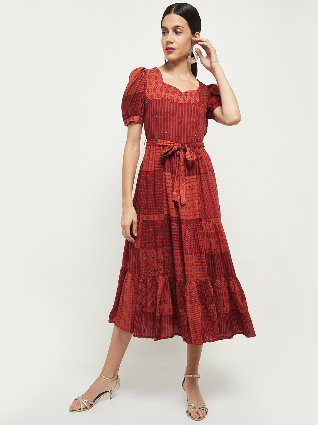 

max Red Geometric Printed Fit & Flare Midi Dress