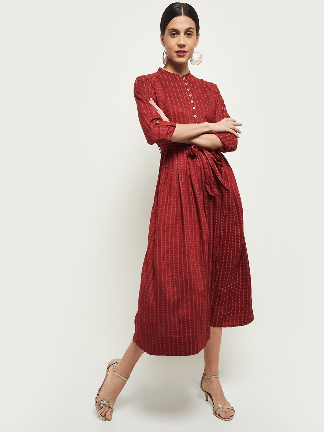 

max Women Red Printed Mandarin Collar A-Line Dress