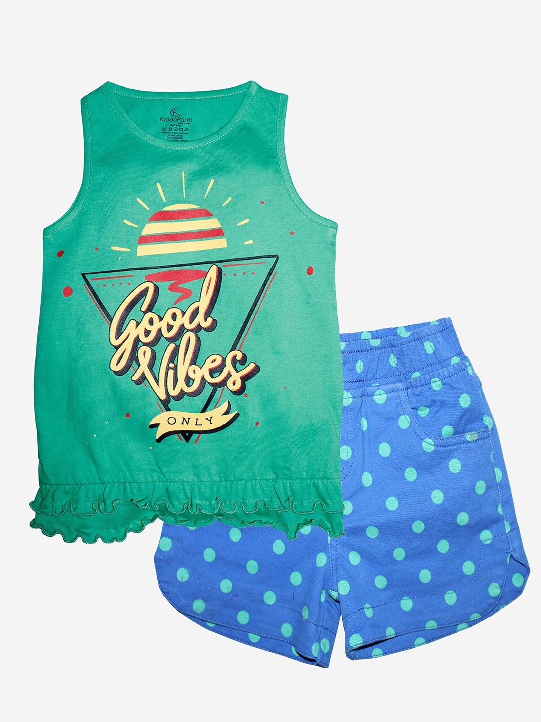 

KiddoPanti Girls Green & Blue Printed Pure Cotton T-shirt with Shorts
