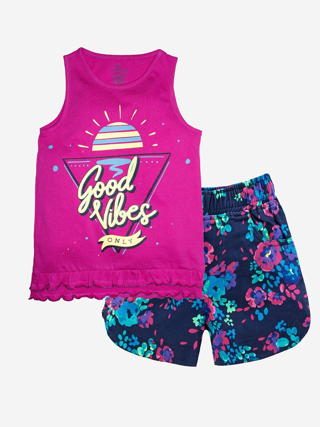 

KiddoPanti Girls Purple & Navy Blue Printed Pure Cotton T-shirt with Shorts