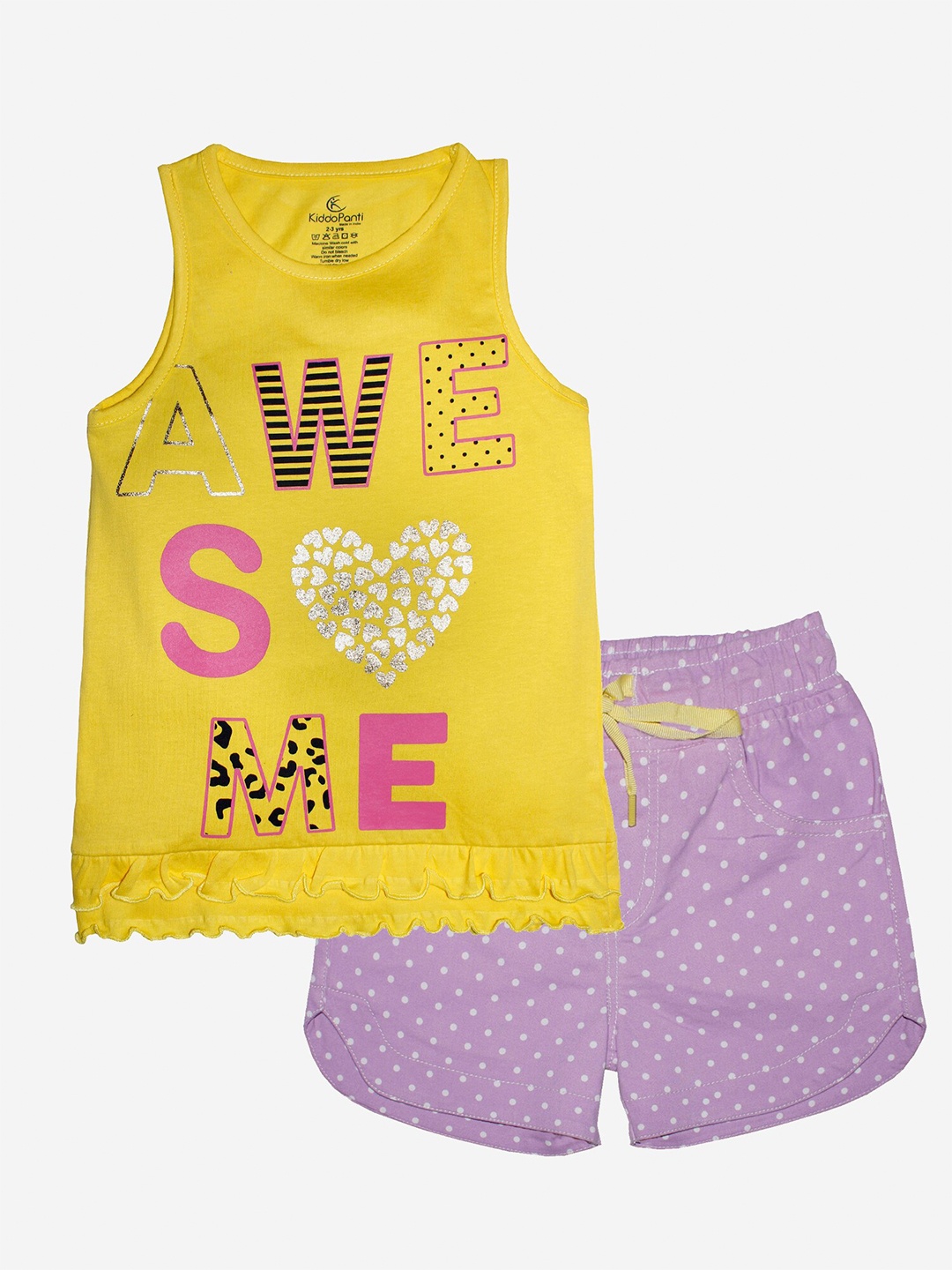 

KiddoPanti Girls Yellow & Purple Printed T-shirt with Shorts