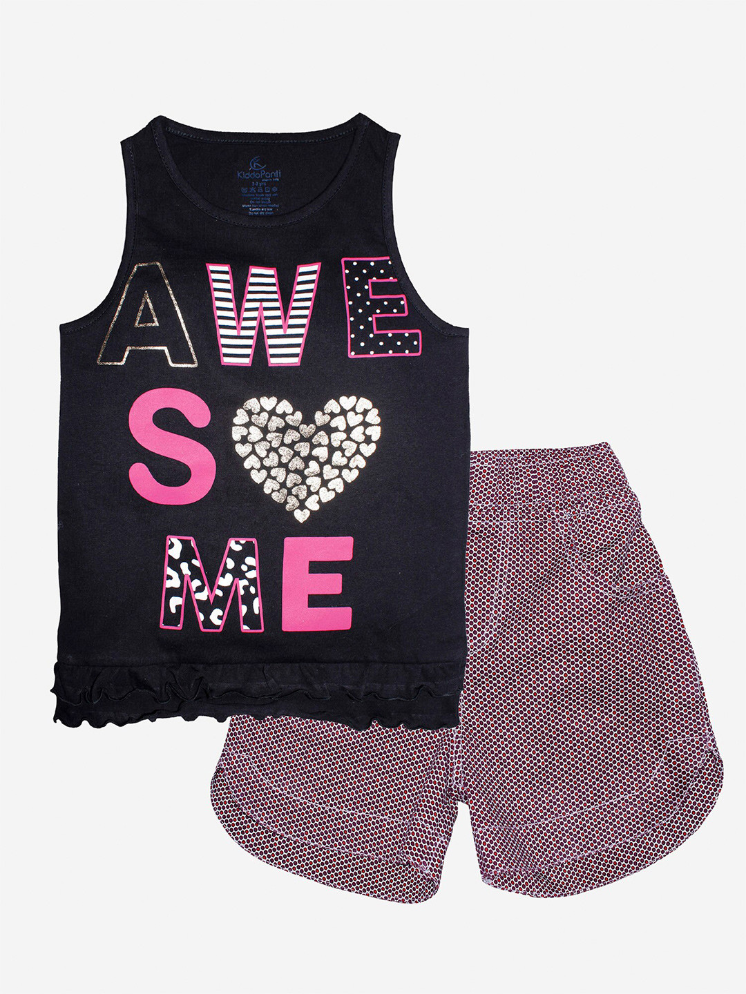 

KiddoPanti Girls Black & Purple Awesome Printed Pure Cotton Shorts Set