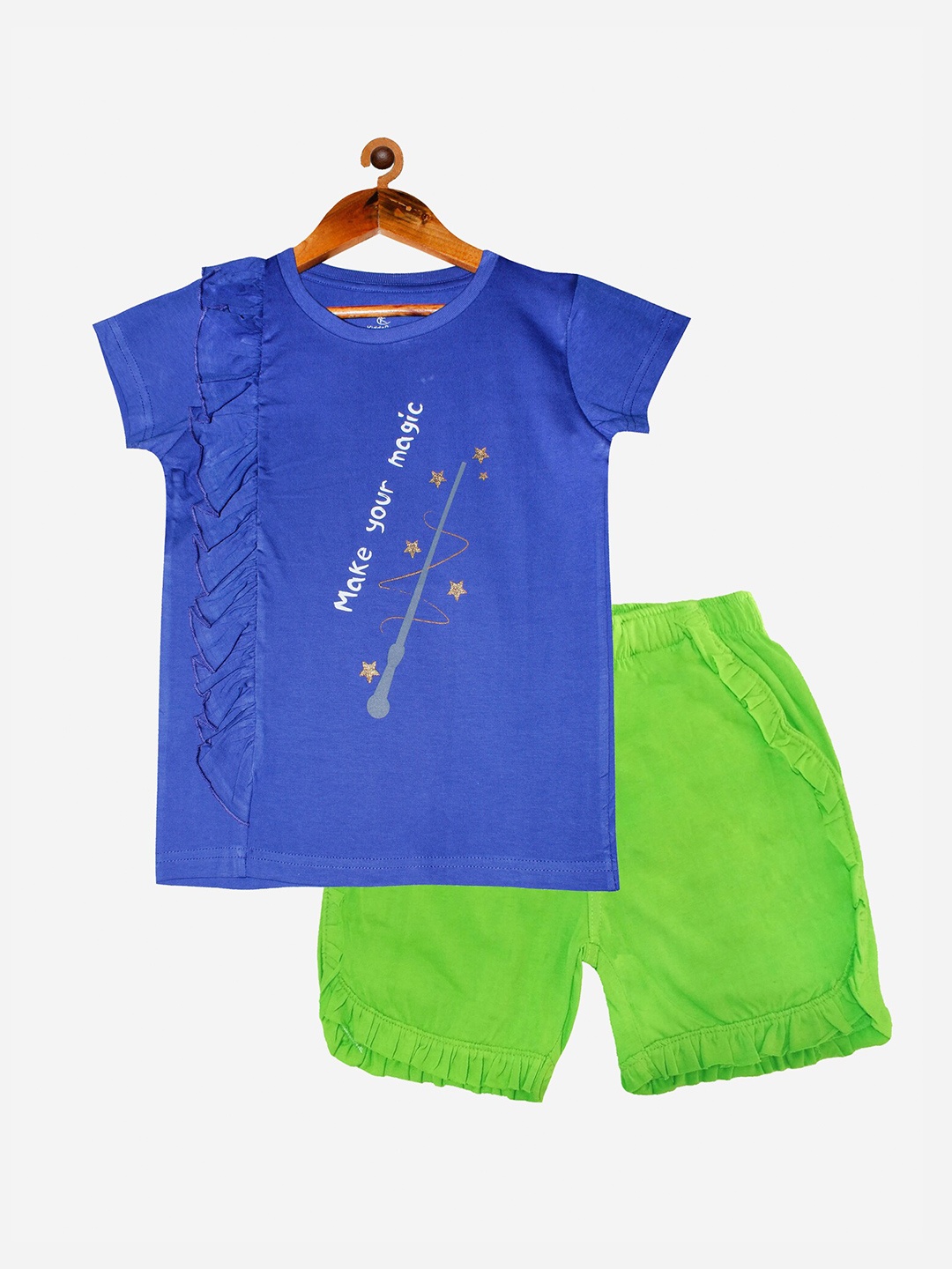 

KiddoPanti Girls Blue & Green Printed Pure Cotton Top with Shorts