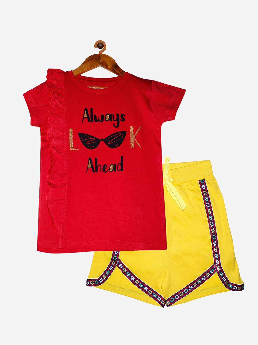 

KiddoPanti Girls Red Printed Cotton clothing set