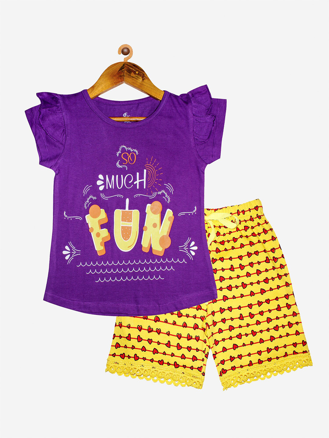 

KiddoPanti Girls Purple & Yellow Printed T-shirt with Shorts