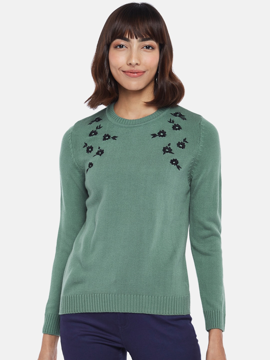 

Honey by Pantaloons Women Green & Black Floral Pure Acrylic Pullover