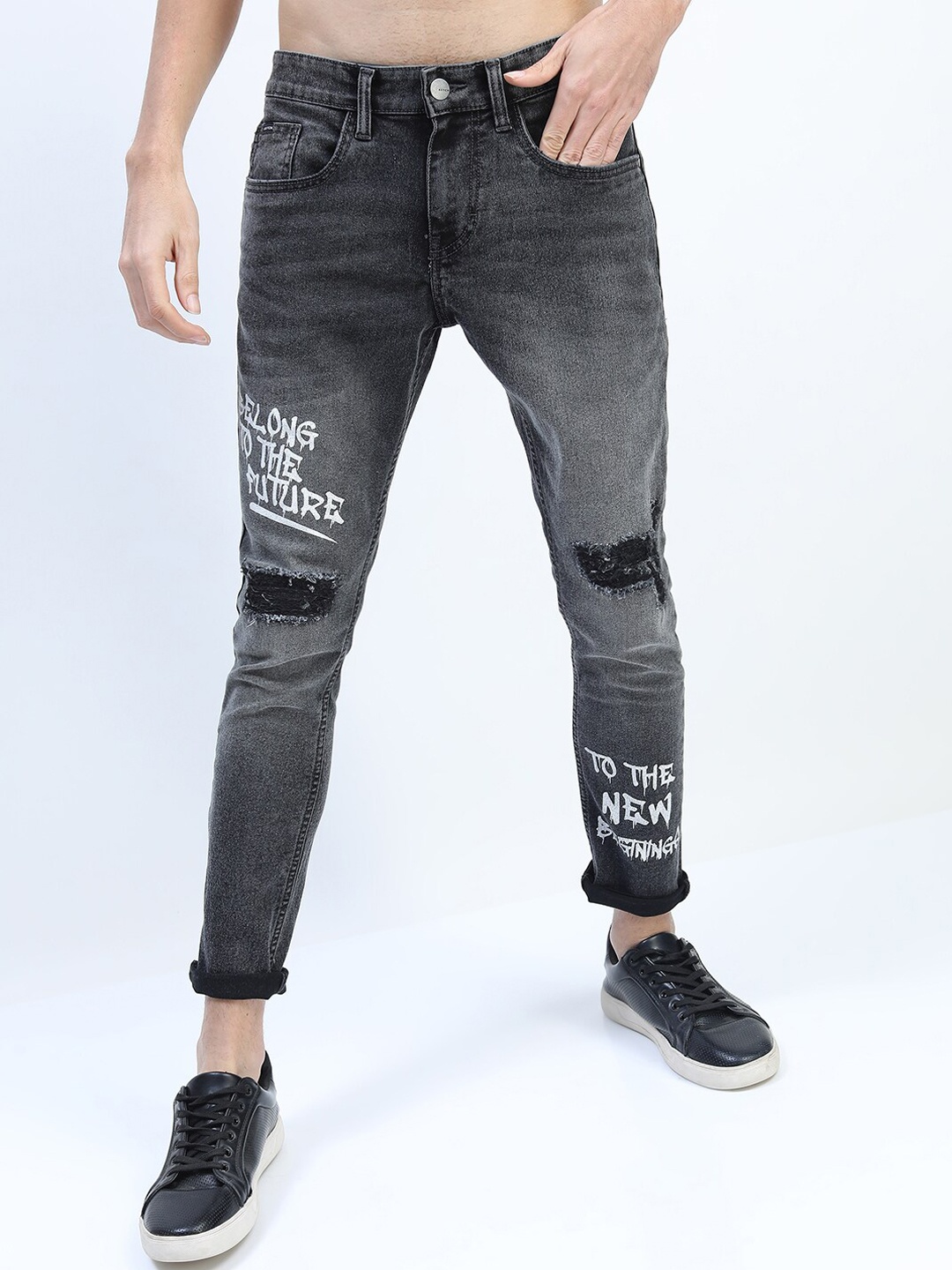 

KETCH Men Charcoal Tapered Fit Mildly Distressed Heavy Fade Printed Stretchable Jeans