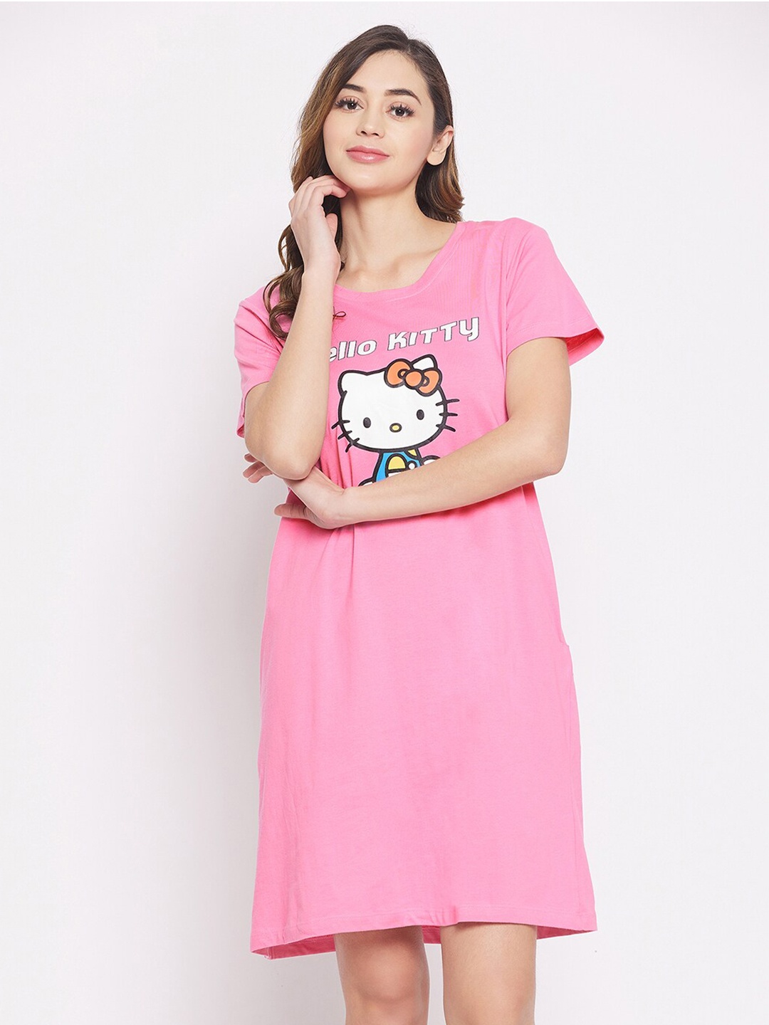 

Clovia Pink Cotton Kitty Pure Cotton Printed Short Nightdress with Pocket