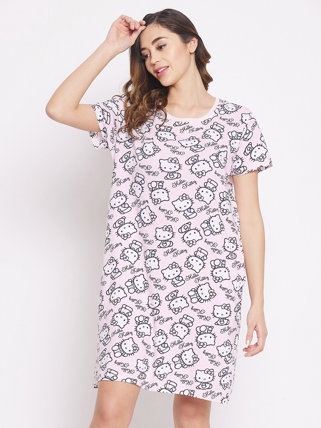

Clovia Women Pink Kitty Printed Pure Cotton Above Knee Nightdress
