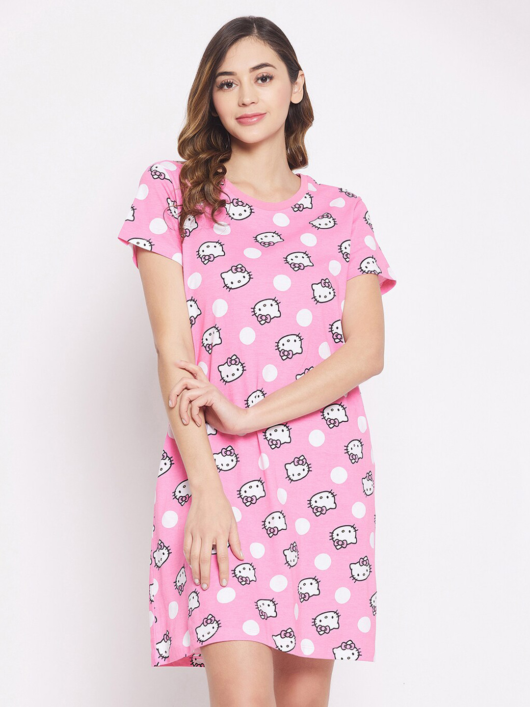 

Clovia Pink Printed Pure Cotton T-Shirt Nightdress