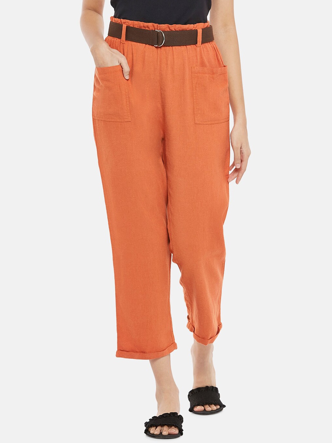 

People Women Orange Solid Pure Cotton Cropped Trousers