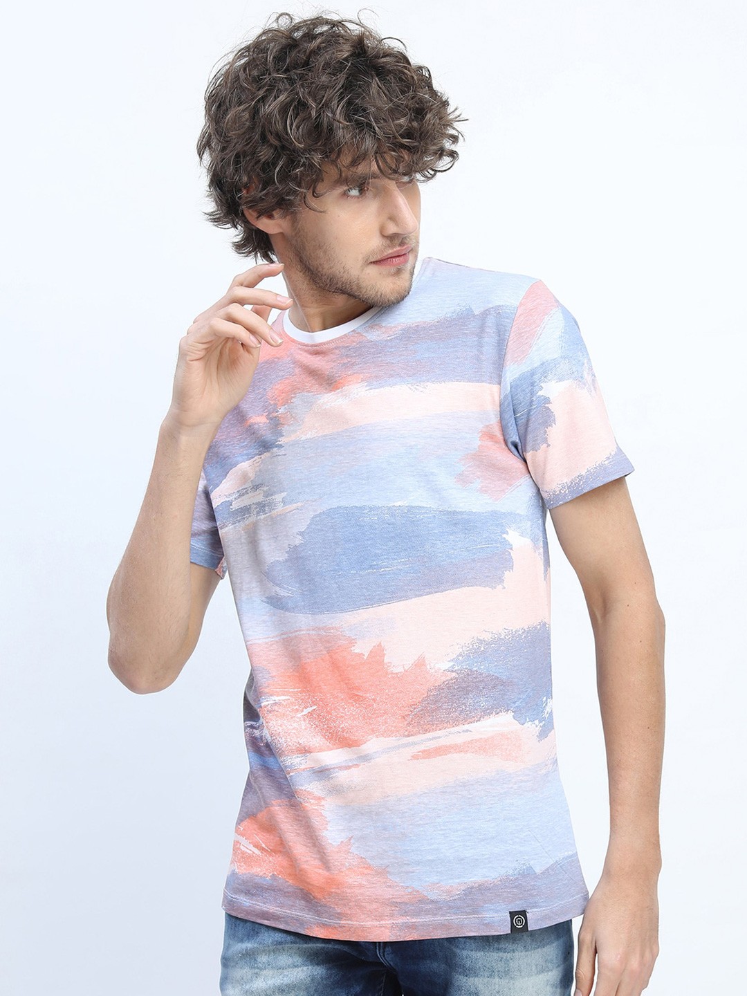 

LOCOMOTIVE Men White & Orange Dyed Slim Fit Cotton Round Neck T-shirt