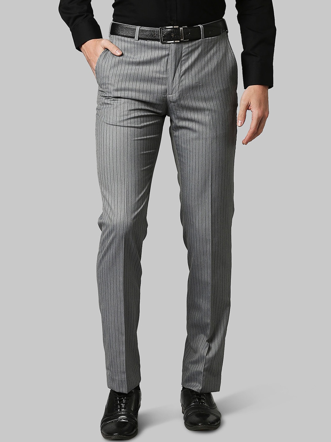 

Park Avenue Men Grey Striped Formal Trousers