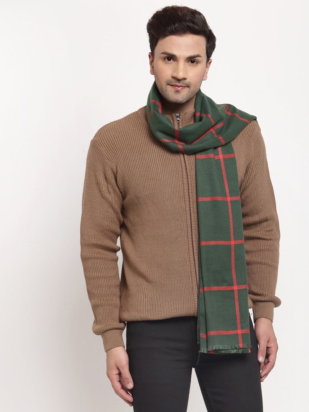 

Calvadoss Men Green & Red Woollen Checked Stole