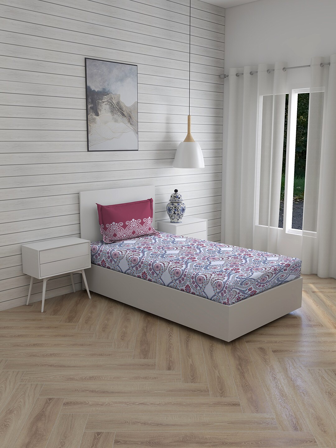 

Layers Blue & Pink Floral 104 TC Single Bedsheet with 1 Pillow Covers