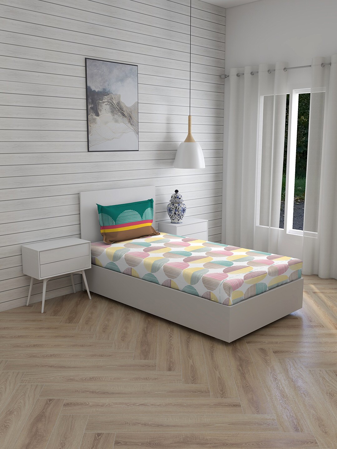 

Layers White & Pink Geometric 104 TC Single Bedsheet with 1 Pillow Covers